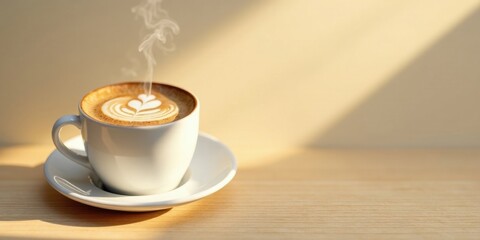Aromatic Coffee Cup with Latte Art in Gentle Sunlight on Wooden Surface