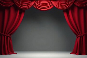 Fototapeta premium Crimson Curtains Unveiling an Empty Stage, Ready for a Grand Performance or Presentation