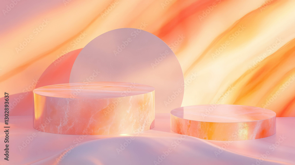 Poster elegant abstract background with marble textured pedestals in warm tones