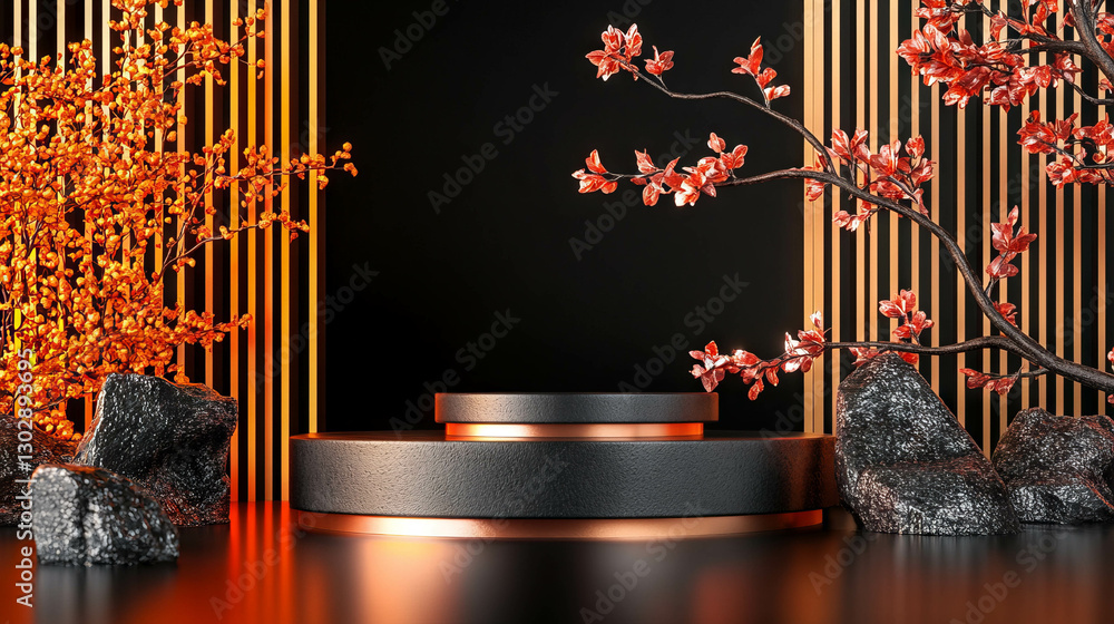 Poster Elegant abstract background with minimalist dark platform and autumn elements