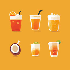 Creative summer cocktails on orange background: fruit juice and coconut drink