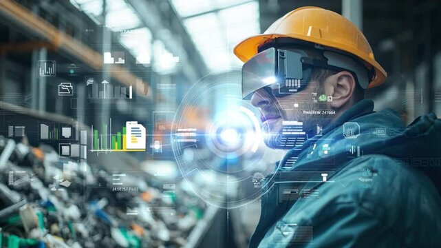 A smart waste management engineer using augmented reality glasses to analyze waste sorting efficiency in a clean and futuristic plant