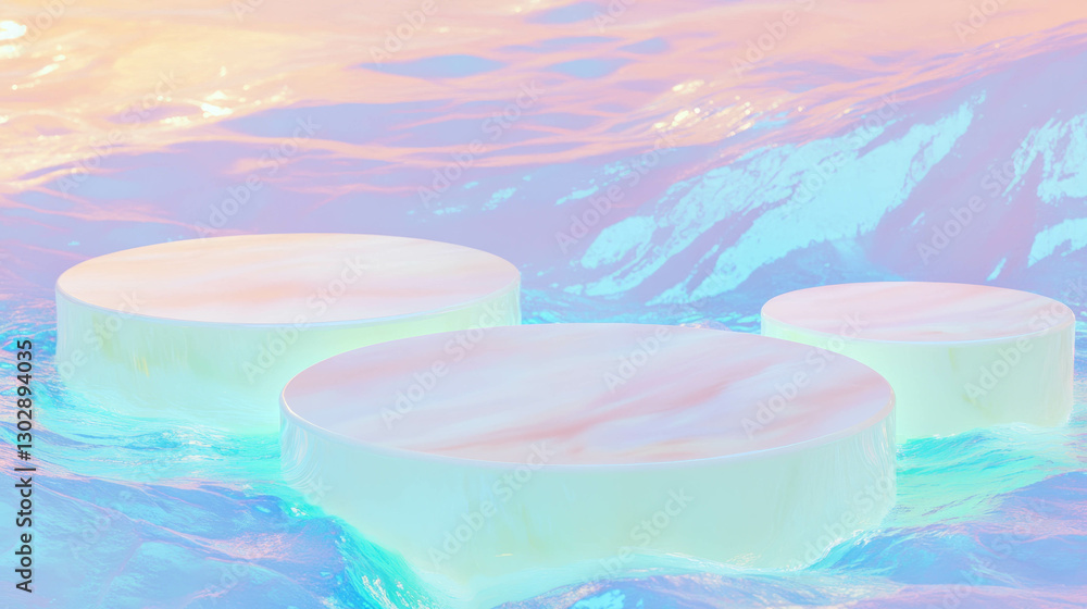 Poster abstract background with three circular platforms in pastel ocean scene