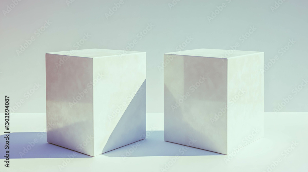 Poster Minimalist abstract design with two identical gray cubes in soft lighting