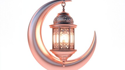 A chic lantern suspended from a sleek crescent moon design, merging modern aesthetics with traditional elements to evoke a sense of wonder and calm.