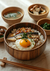 Food photography of Japanese fish rice with soup
