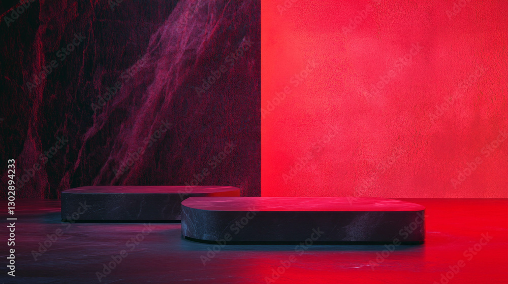 Poster Abstract geometric design with interconnected pod structures in vibrant red and black