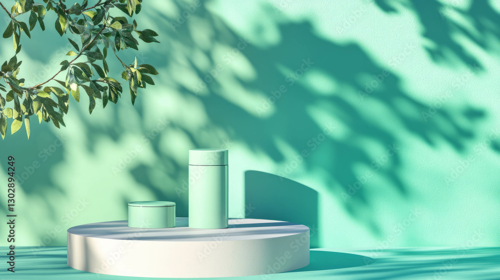 Poster minimalist green background with interconnected cylindrical pods and leaf shadows