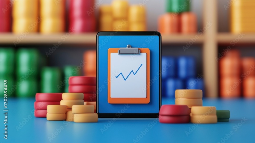 Poster digital tablet showing growth chart with colorful game tokens