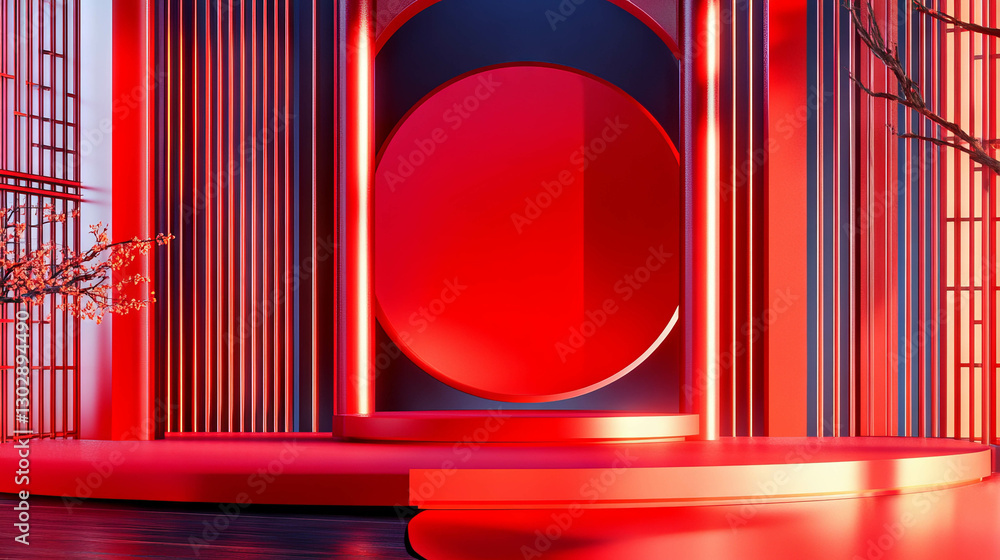 Poster abstract geometric design with interconnected pods in red and blue theme for modern art concepts