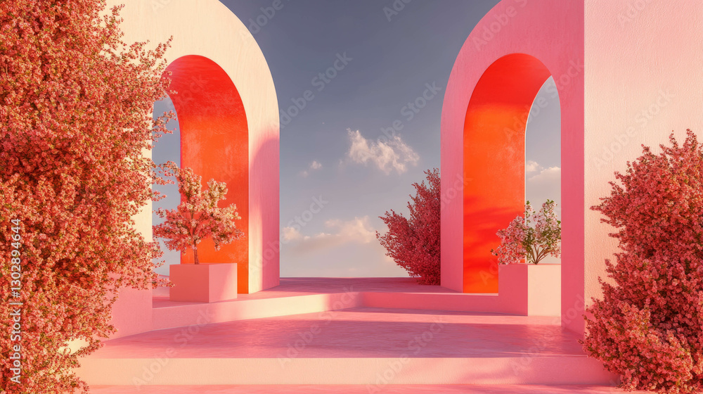 Poster surreal pink archway landscape with blossoming trees and interconnected pathway