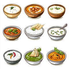 Indian Cuisine Bowl Collection: Rice, Lentils, and Dips