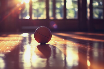 Close-up of basketball on court in warm light. Indoor arena vibe. Background for motivational quote, sports ad, team spirit, basketball tournament or NBA-related visuals.