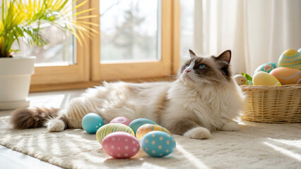 Easter Egg with pet concept. Fluffy cat lounging by colorful Easter eggs in a bright room.