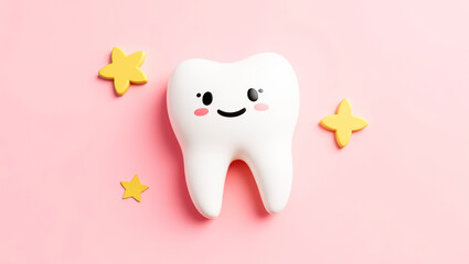 Obraz premium smiling cartoon tooth model with yellow stars on pink background