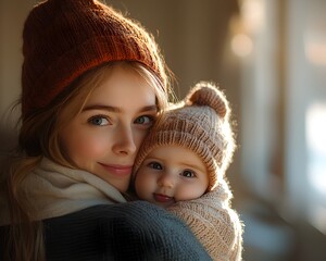 Obraz premium Radiant Caregiver Cradling a Cherished Baby in a Gentle Embrace