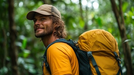 Joyful hiker exploring lush green forest, capturing the essence of adventure and nature.