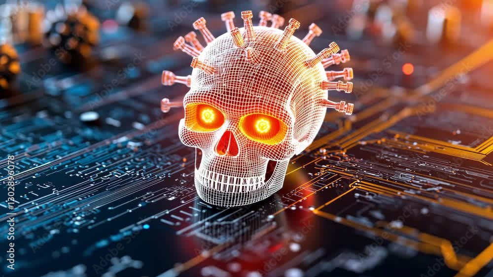 Poster 3d digital skull art with glowing eyes on circuit background, merging technology and cyber design, e