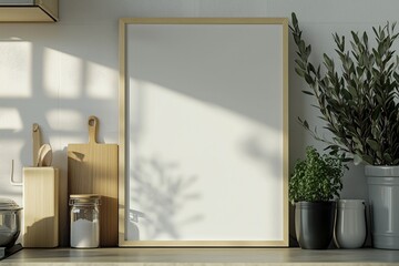 Mockup de moldura vertical em cozinha moderna com utens&iacute;lios, plantas e decora&ccedil;&atilde;o minimalista, criado com IA generativa para visualiza&ccedil;&atilde;o de arte e design