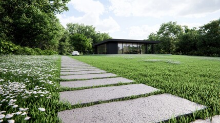 Fototapeta premium Modern Black House & Stone Path in Green Meadow