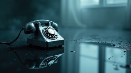 A forgotten relic, a vintage rotary telephone sits abandoned on a wet, dark surface, reflecting the dim light from a nearby window, a silent testament to a bygone era of communication.