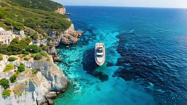 Yacht in a Paradise Cove: A luxurious yacht rests peacefully in a secluded, crystal-clear turquoise cove, framed by dramatic cliffs and lush green vegetation.