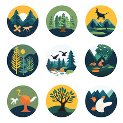 Nature Scenes in Circular Badges with Animals, Trees and Landscape Elements