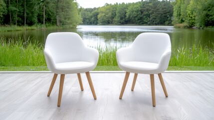 Fototapeta premium Modern White Chairs Lakeside View - Interior Design