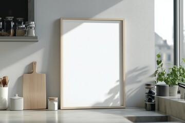 Mockup de moldura vertical em cozinha moderna com utensílios, plantas e decoração minimalista, criado com IA generativa para visualização de arte e design