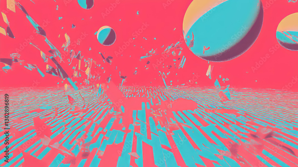 Aufkleber Vibrant abstract background with fragmented geometric shapes and spheres in motion