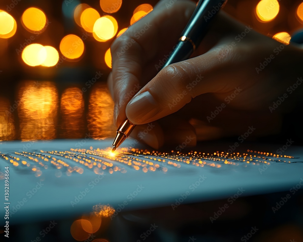 Poster dynamic business contract signing with glowing text and hands