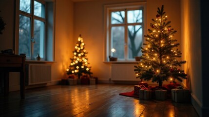 Warm Evening Glow Two Decorated Christmas Trees and Presents Illuminate a Cozy Room with Hardwood Floors