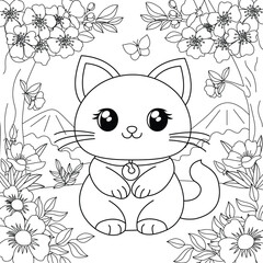 Kitty on the background of flowers and sakura blossoms. Coloring for children's development. Vector illustration.