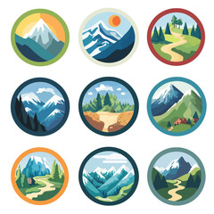 Mountain Scenery in Circle Frames with Snow-Capped Peaks and Nature Trail