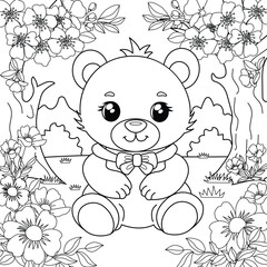 Teddy bear on the background of flowers and sakura blossoms. Coloring for children's development. Vector illustration.