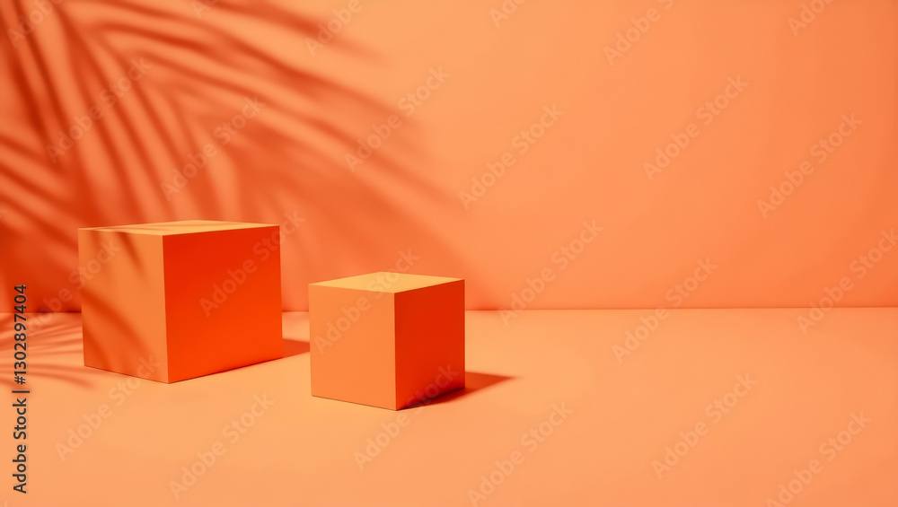 Poster two cubes on an background with palm leaf shadow