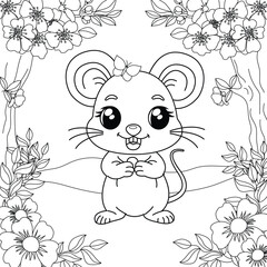 Mouse on the background of flowers and sakura blossoms. Coloring for children's development. Vector illustration.