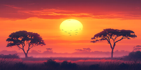 Fototapeta premium Majestic Acacia Tree Silhouette Against a Sunset-Kissed Blue Sky with Graceful Birds in Flight
