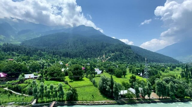 Beautiful landscape with mountains and the Sind River at Gund village in Jammu and Kashmir, India.