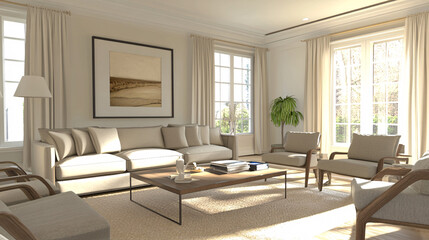 Fototapeta premium Serene Modern Living Room with Soft Neutral Color Palette and Sleek Furniture