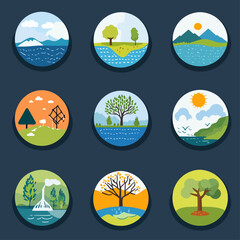 Vector nature landscapes in circular frames showcase seasons and scenery