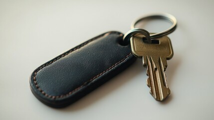 Dark leather key fob with key on white surface