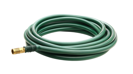 Green garden hose coiled on white background