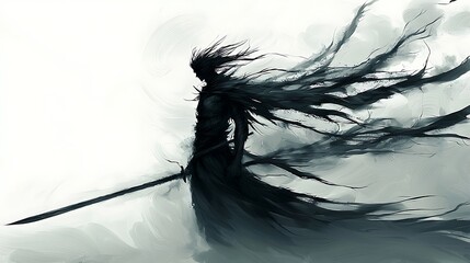 Obraz premium Ethereal warrior emerges from shadows, wielding a katana with poised power