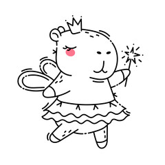 Capybara fairy with wings and magic wand in doodle outline style. Isolated on white background. Vector illustration.
