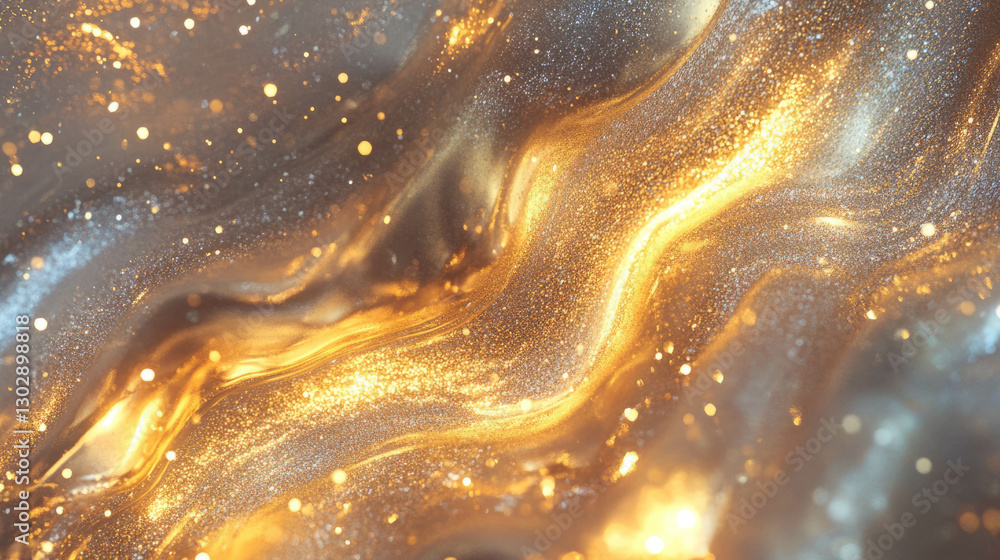 Poster abstract metallic reflections with shimmering waves in golden tones for modern design