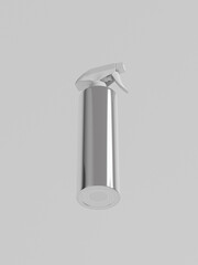 tall cylindrical Trigger spray bottle mockup, aluminum can sprayer packaging, metallic cosmetic water mist dispenser pump mockup, empty design elegent tubular bottle isolate on clean background