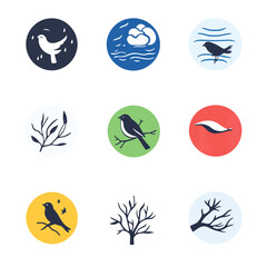 Bird and Nature Vector Icon Set on Circular Backgrounds, Illustration