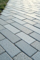Fototapeta premium A Pathway of Interlocking Rectangular Paving Stones, Textured Surface, Subtle Color Variations, Geometric Pattern, Outdoor Setting, Natural Light