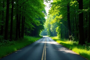 Obraz premium Serene Asphalt Pathway Through Lush Green Forest Canopy on a Sunny Day